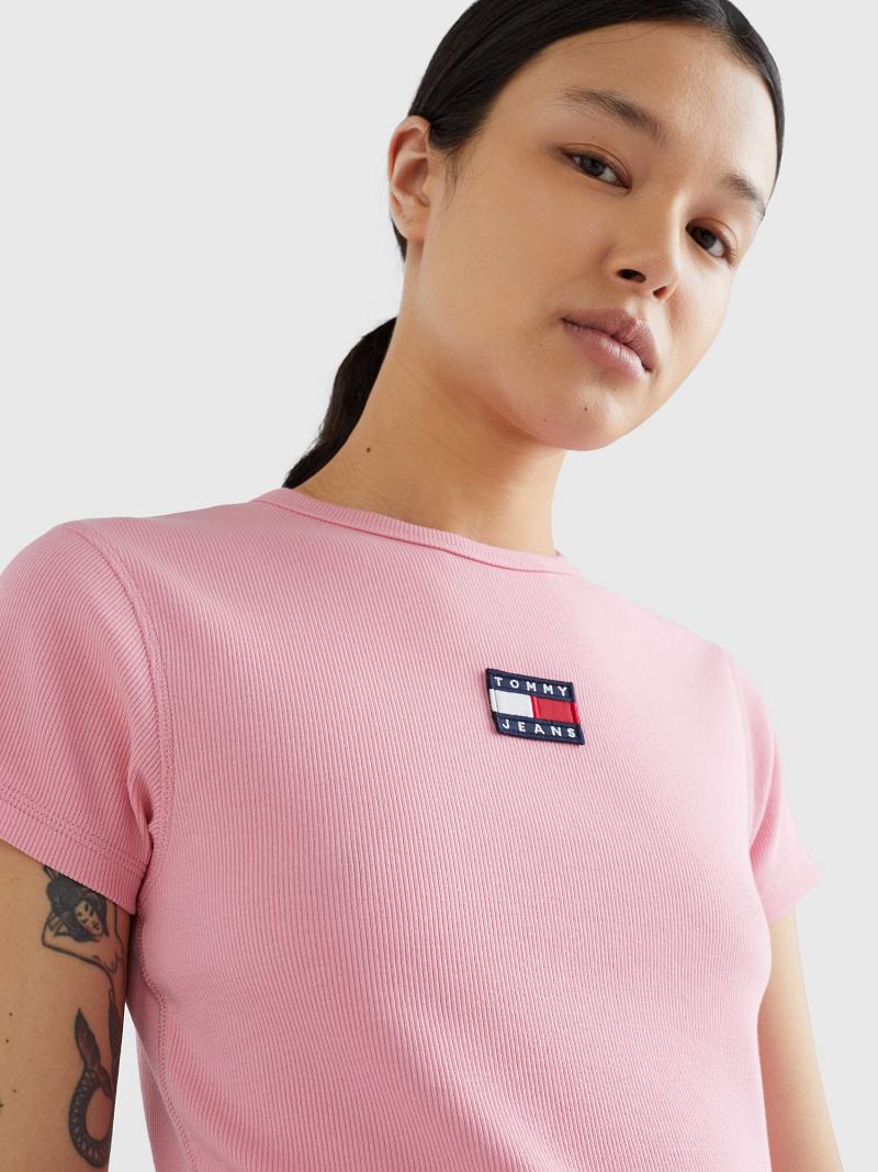 Női Tommy Hilfiger Cropped Ribbed Badge Póló Rózsaszín | HU 438JPQ